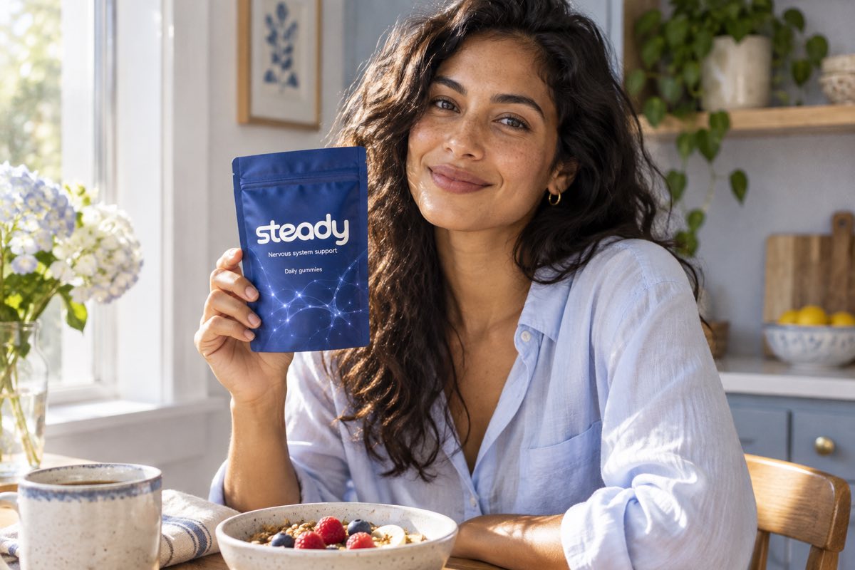 Woman holding Steady at her breakfast table